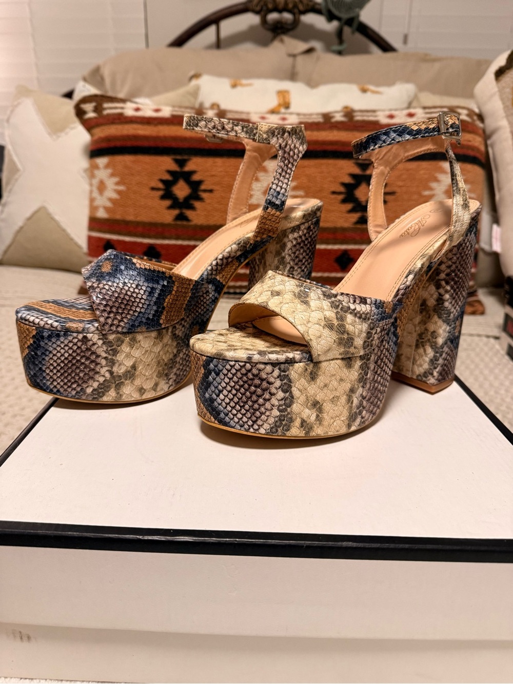 Platform Snake-Print Block Heel Sandals in Tan and Blue